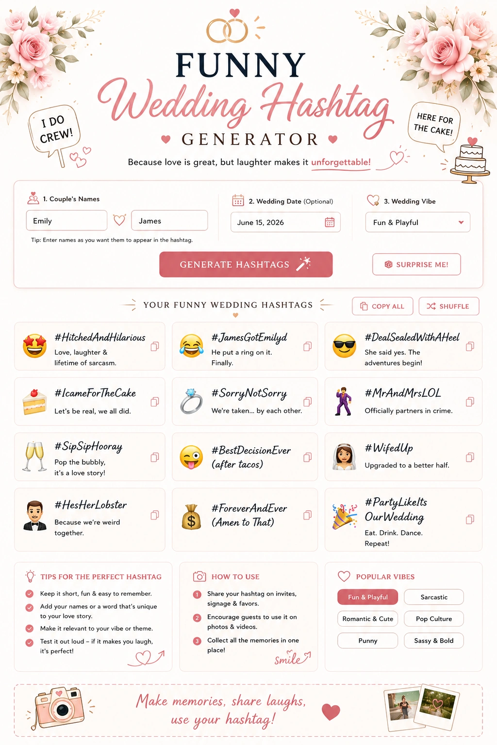 Funny Wedding Hashtag Generator for funny and playful wedding hashtag ideas