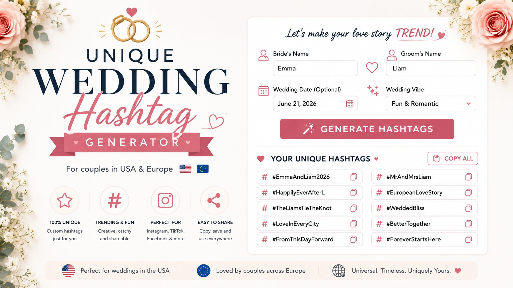 Unique Wedding Hashtag Generator for personalized wedding hashtag ideas