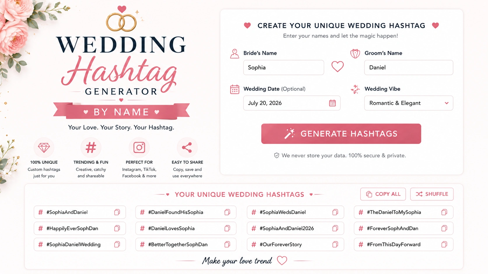 Wedding Hashtag Generator by Name - create personalized wedding hashtags using names