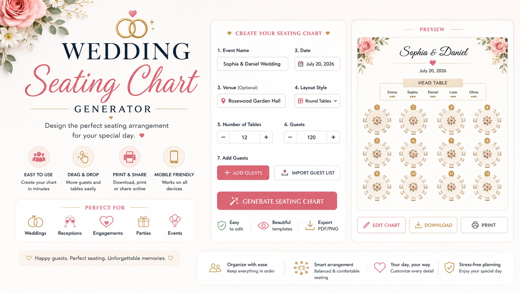 Wedding Seating Chart Generator for planning wedding reception seating arrangements